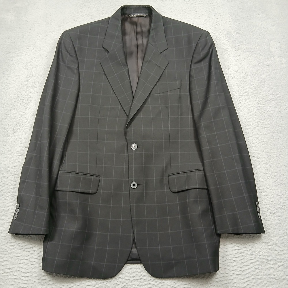 Paul Dione Mens Suit Jacket Blazer 40R Wool Gray‎ Plaid Checkered Made in Canada